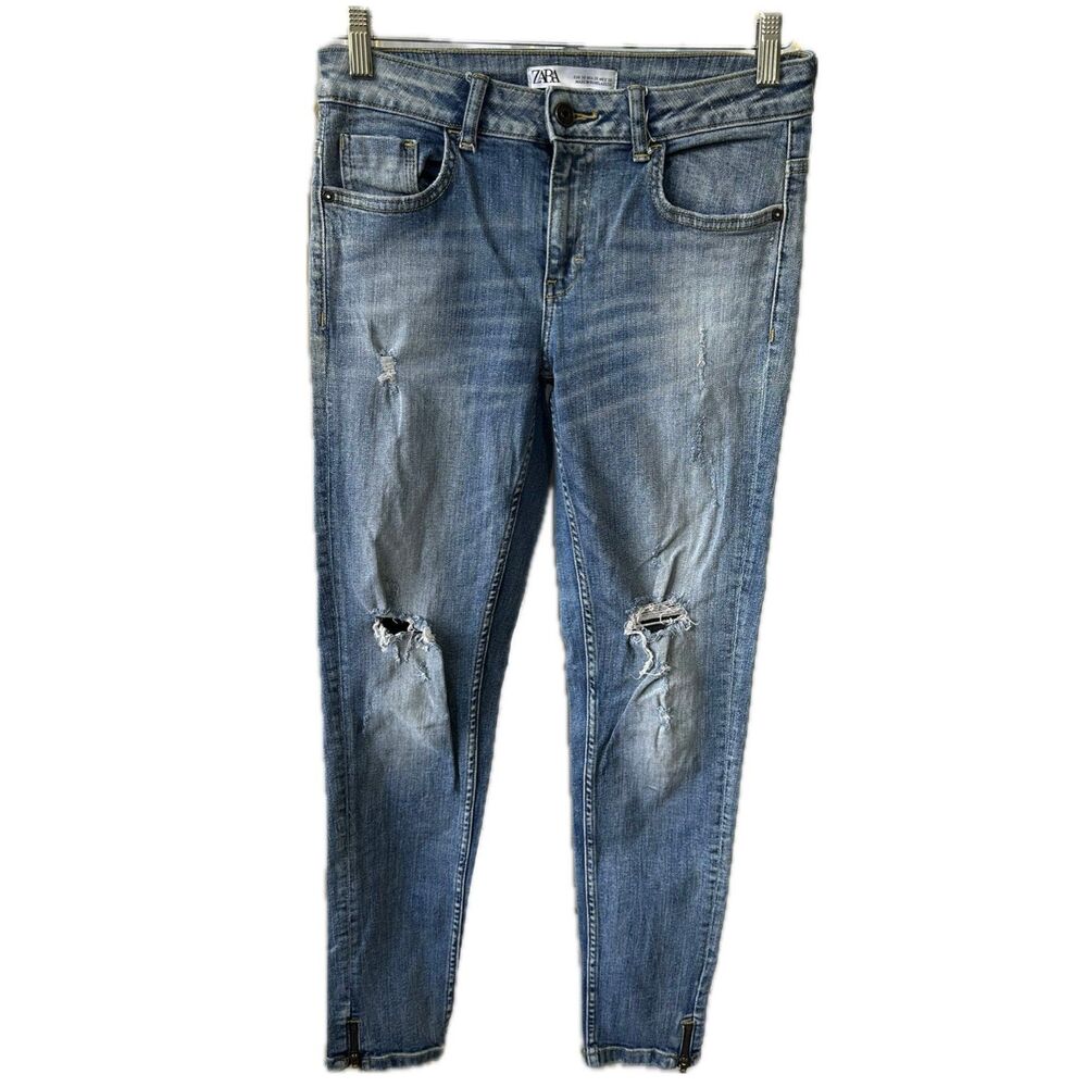 Zara Z1975 Factory Faded Light Wash Skinny Distressed Zip Ankle Denim Jeans 6